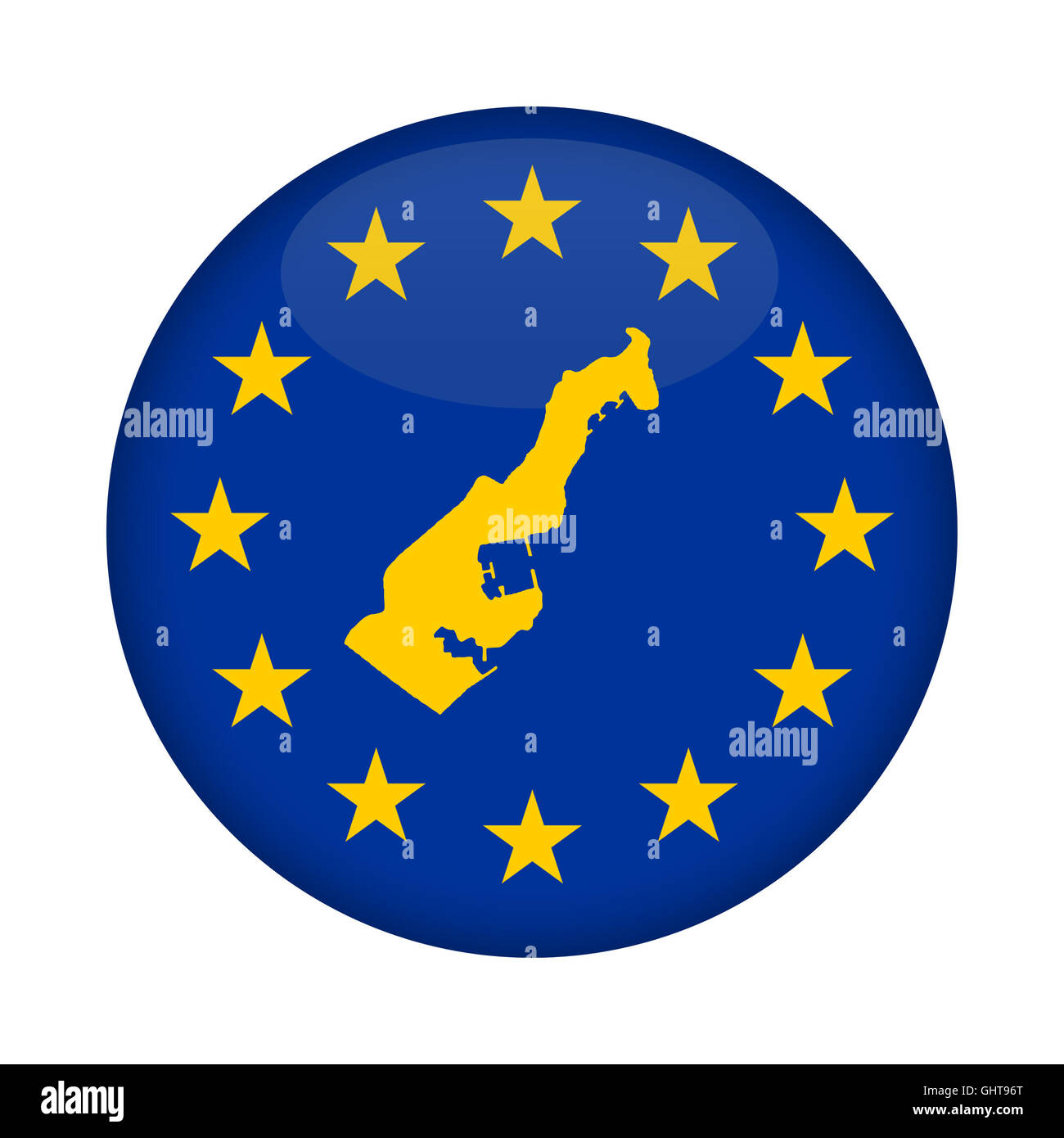 Monaco Karte auf Knopfdruck Europäische Union Flag isoliert auf einem weißen Hintergrund. Stockfoto