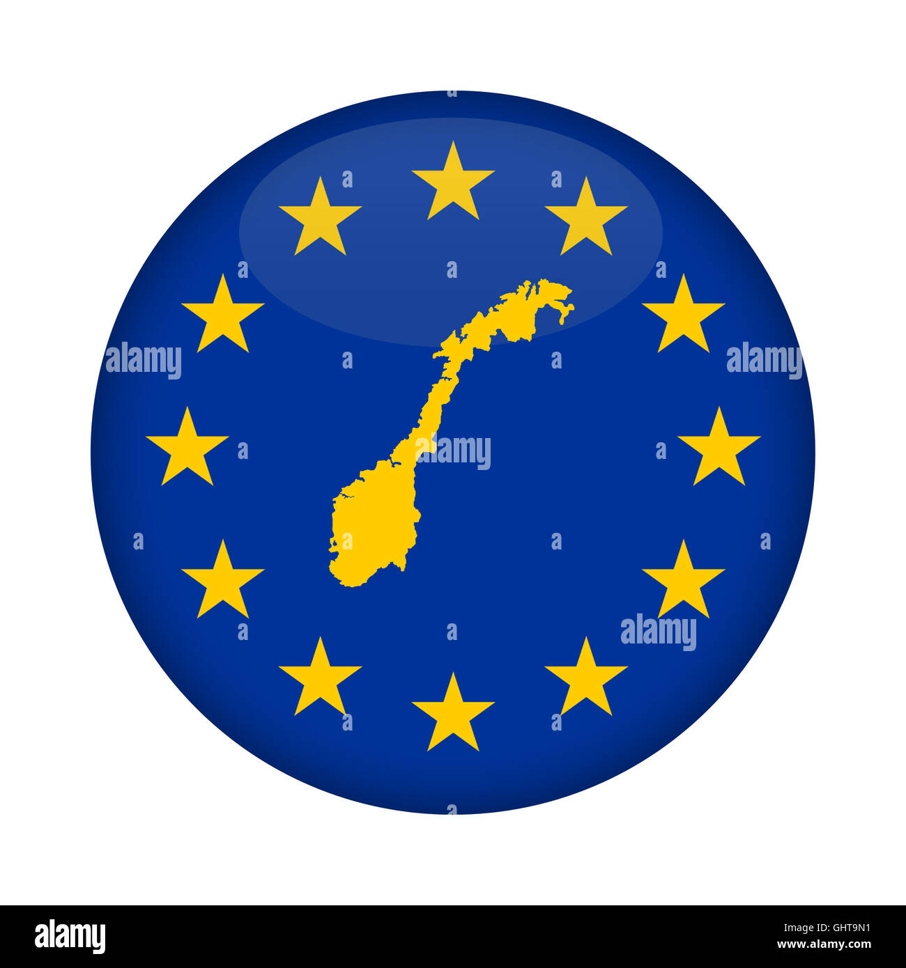 Norwegen Karte auf Knopfdruck Europäische Union Flag isoliert auf einem weißen Hintergrund. Stockfoto
