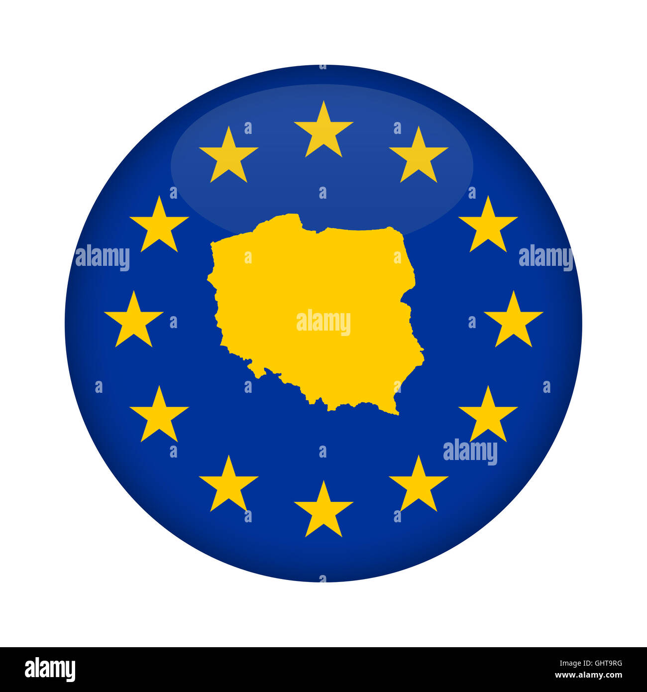 Polen-Karte auf eine Europäische Union Flag Taste isoliert auf einem weißen Hintergrund. Stockfoto