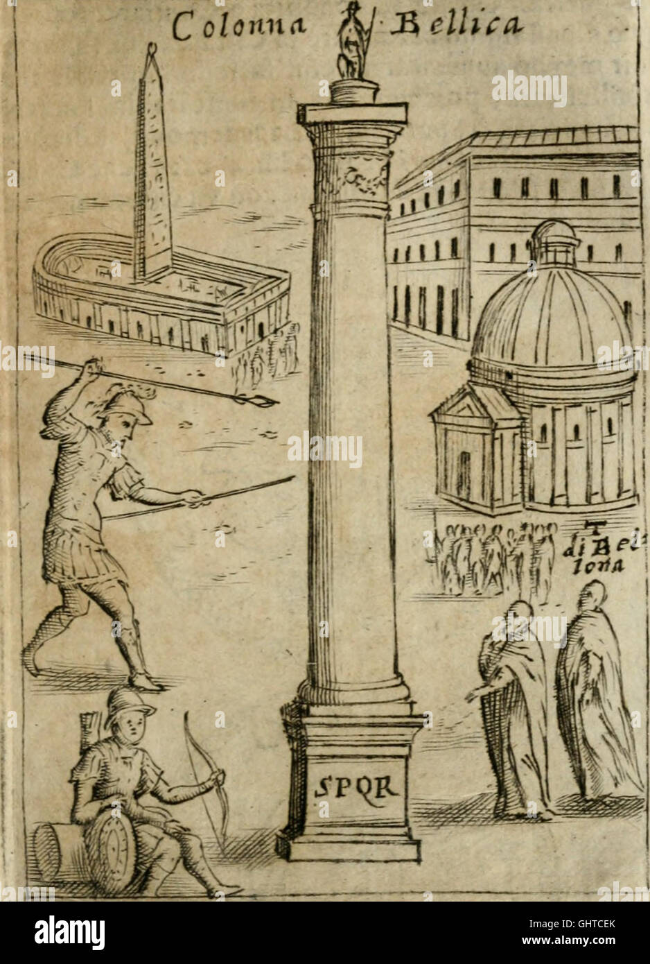 Ritratto di Roma Antica - Nel Qvale Sono Figvrati ich Principali Tempij, Theatri, Anfiteatri, seinen, Naumachie, Archi Trionfali Curie, Basiliche, Colonne, Anwaltskammern del Trionfo, Dignita Militari, e Stockfoto