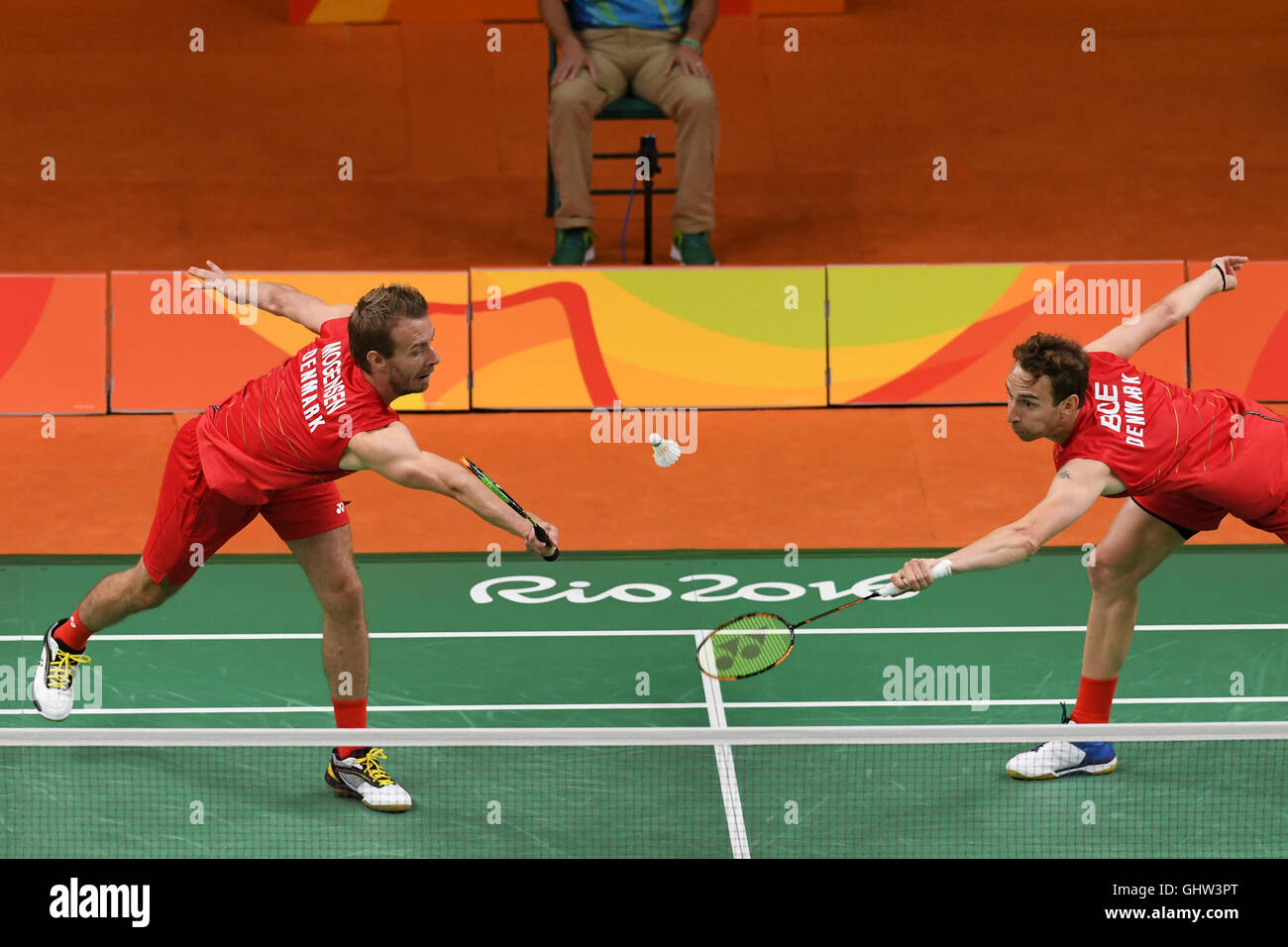 Rio De Janeiro, Brasilien. 11. August 2016. Badminton - Mathias BOE / MOGENSEN Carsten (DEN) x ELLIS Marcus / Chris Langridge (GBR) im Mixed-Wettbewerb bei den Olympischen Spielen 2016 Badminton in Halle 4 Riocentro statt. Credit: Foto Arena LTDA/Alamy Live-Nachrichten Stockfoto