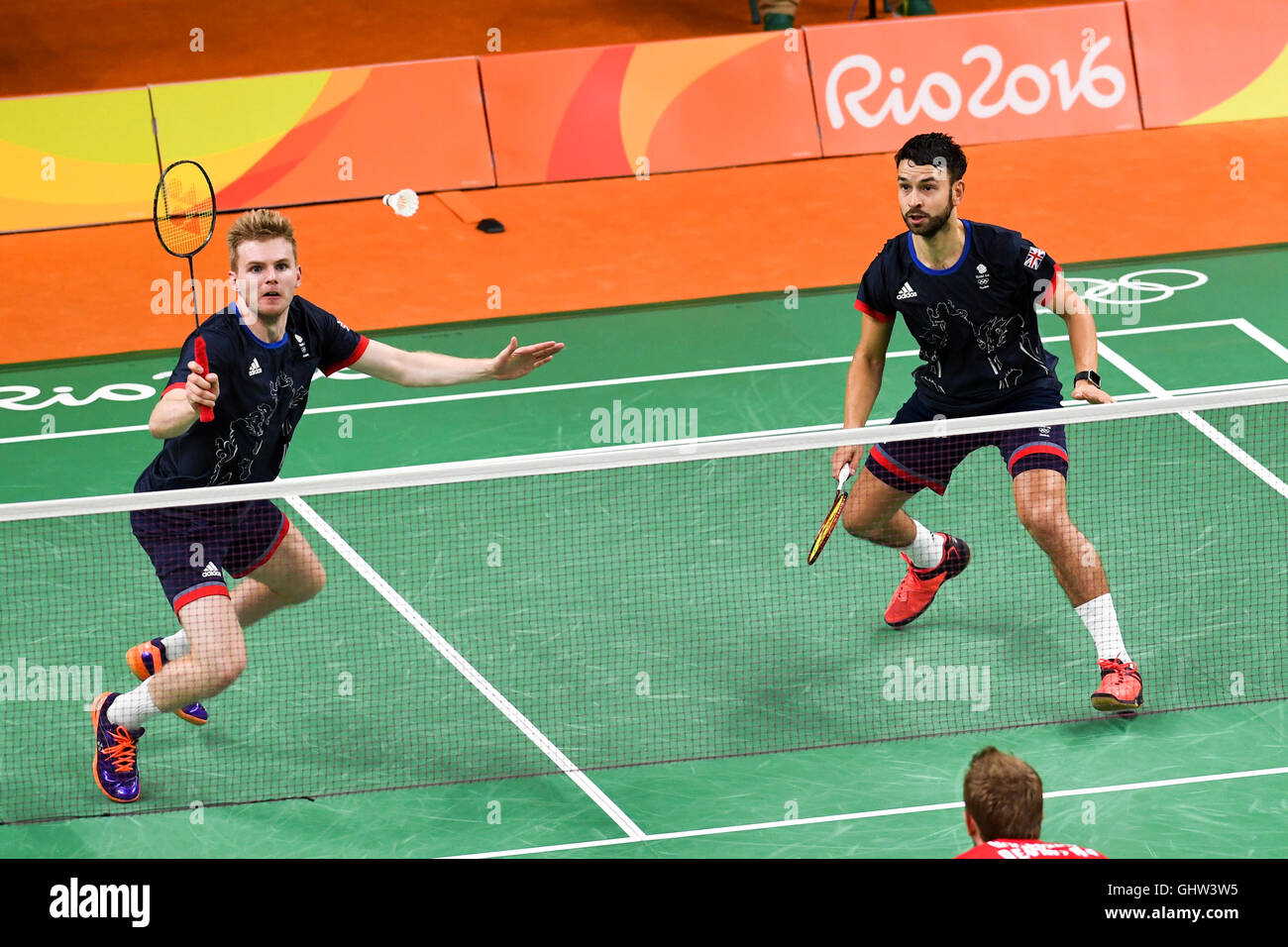 Rio De Janeiro, Brasilien. 11. August 2016. Badminton - Mathias BOE / MOGENSEN Carsten (DEN) x ELLIS Marcus / Chris Langridge (GBR) im Mixed-Wettbewerb bei den Olympischen Spielen 2016 Badminton in Halle 4 Riocentro statt. Credit: Foto Arena LTDA/Alamy Live-Nachrichten Stockfoto