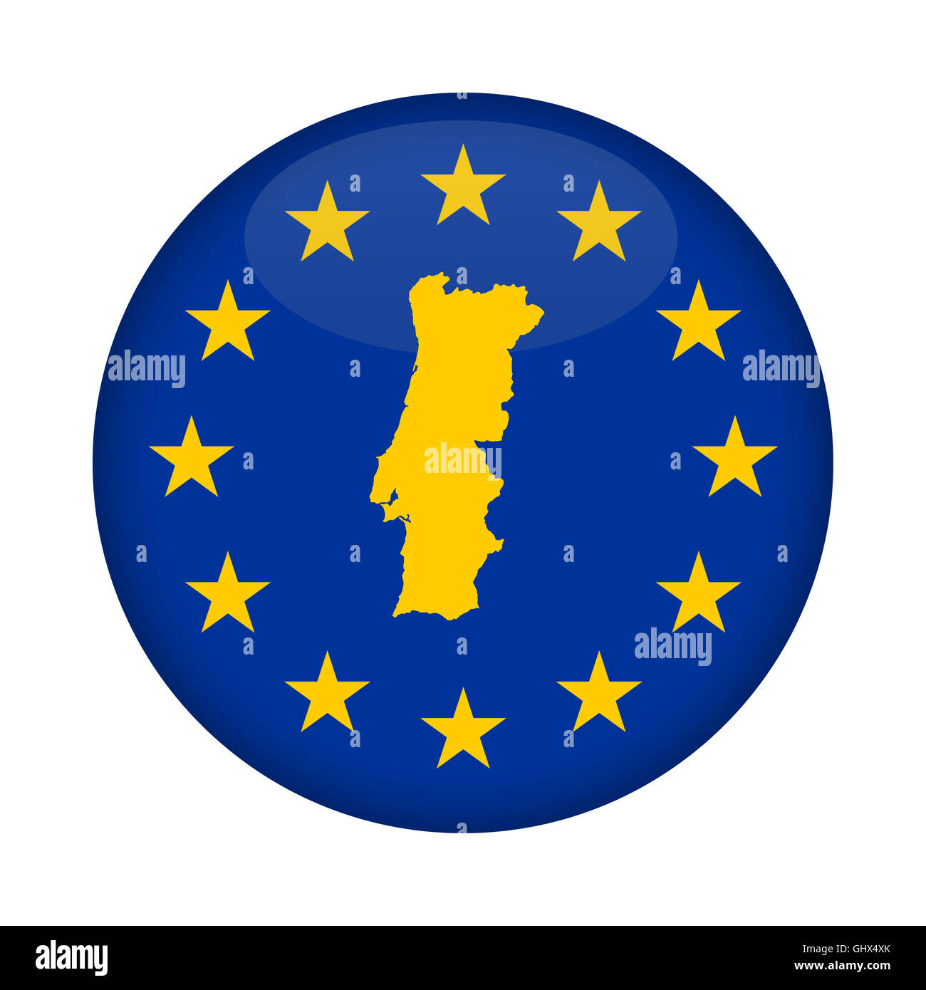 Portugal Karte auf Knopfdruck Europäische Union Flag isoliert auf einem weißen Hintergrund. Stockfoto