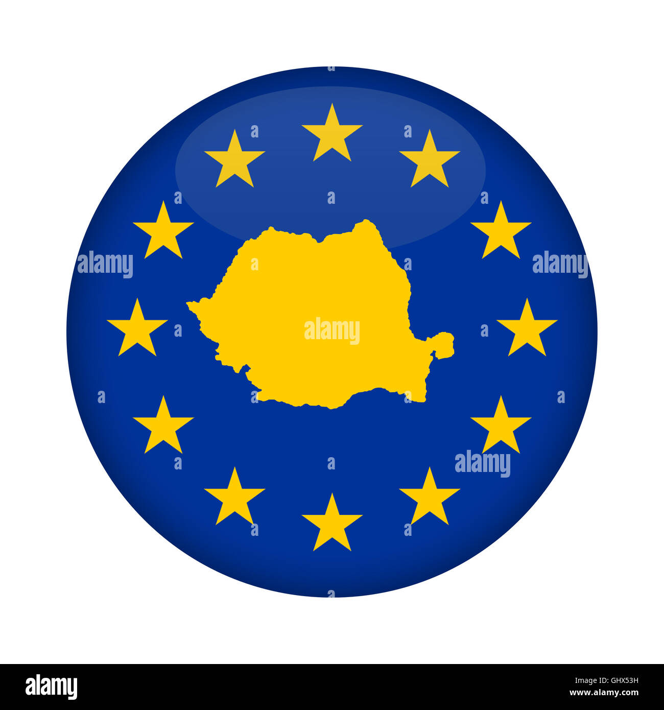 Rumänien Karte auf Knopfdruck Europäische Union Flag isoliert auf einem weißen Hintergrund. Stockfoto