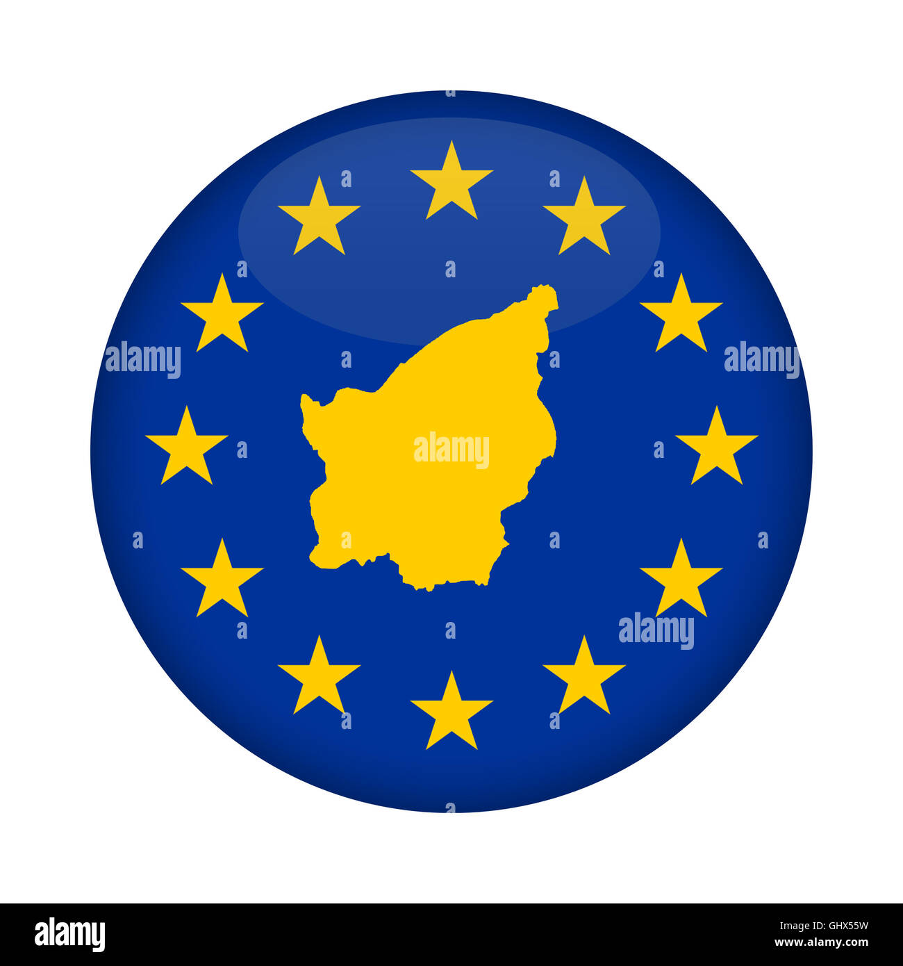 San Marino Karte auf Knopfdruck Europäische Union Flag isoliert auf einem weißen Hintergrund. Stockfoto