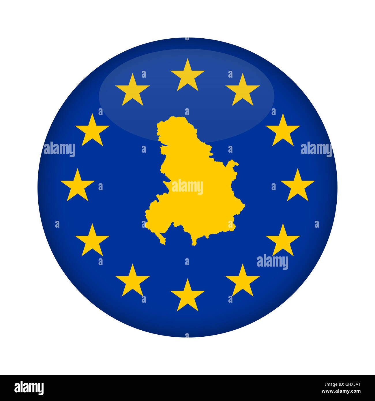 Serbien und Montenegro Karte auf Knopfdruck Europäische Union Flag isoliert auf einem weißen Hintergrund. Stockfoto