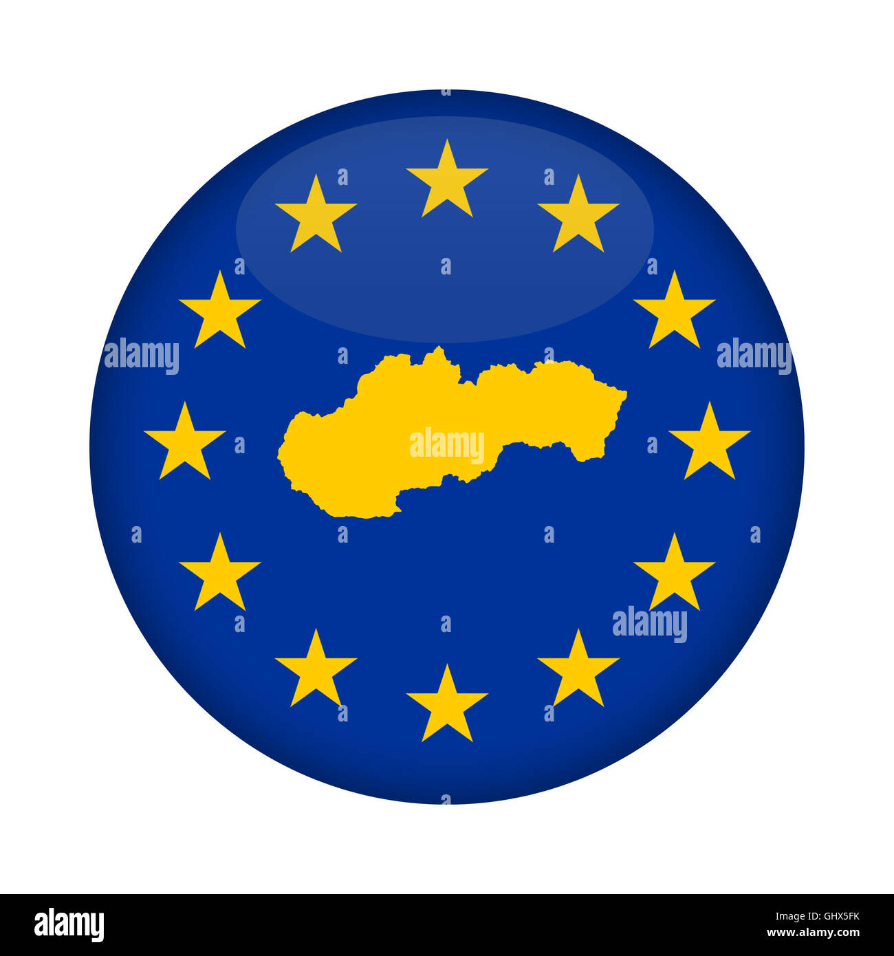 Slowakei Landkarte auf Knopfdruck Europäische Union Flag isoliert auf einem weißen Hintergrund. Stockfoto