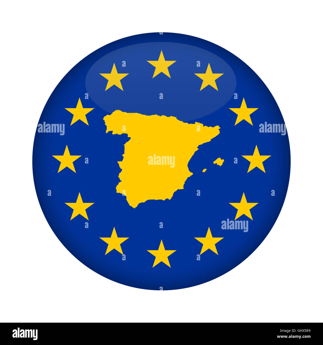 Spanien Landkarte auf Knopfdruck Europäische Union Flag isoliert auf einem weißen Hintergrund. Stockfoto