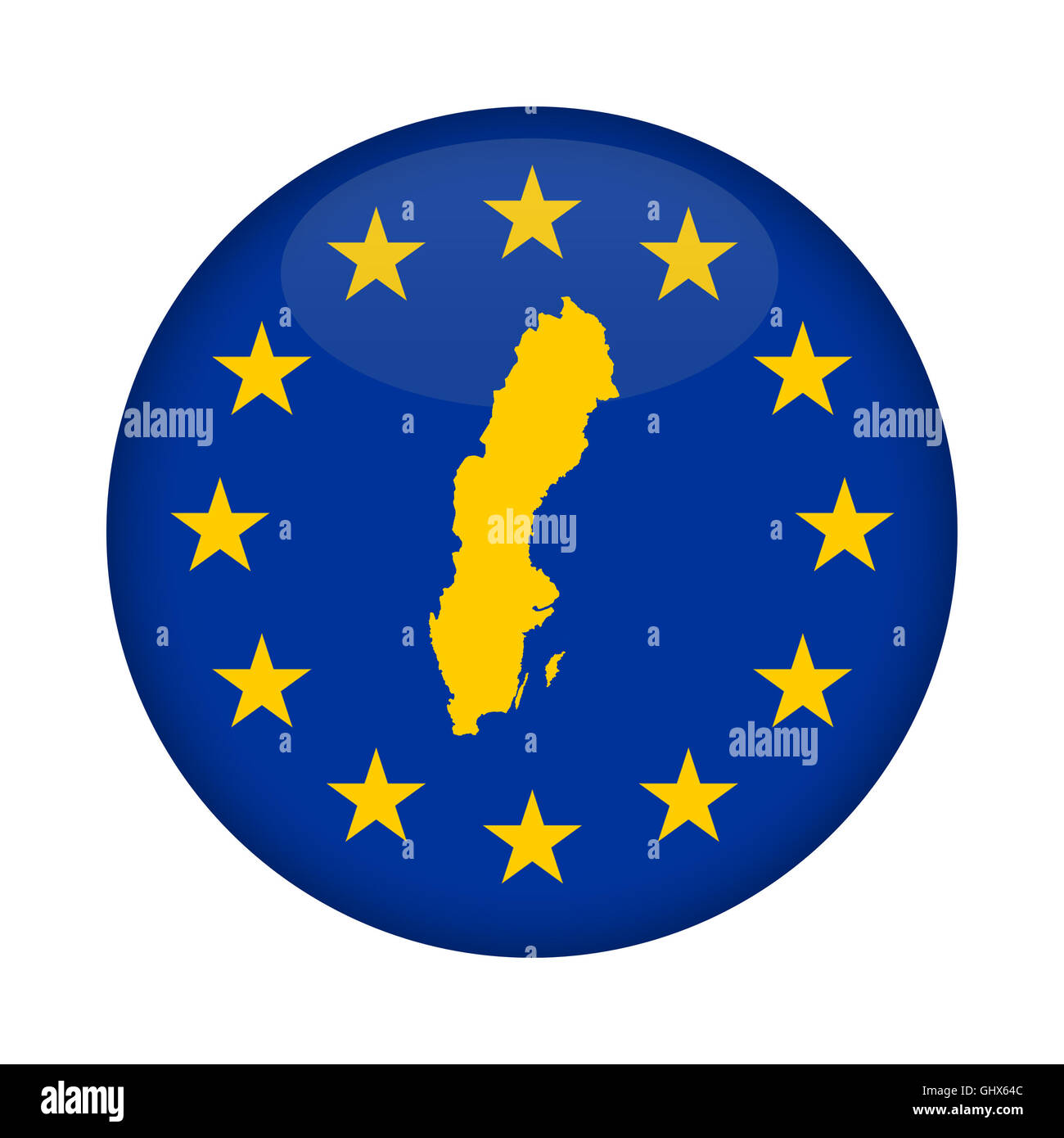 Schweden Karte auf Knopfdruck Europäische Union Flag isoliert auf einem weißen Hintergrund. Stockfoto