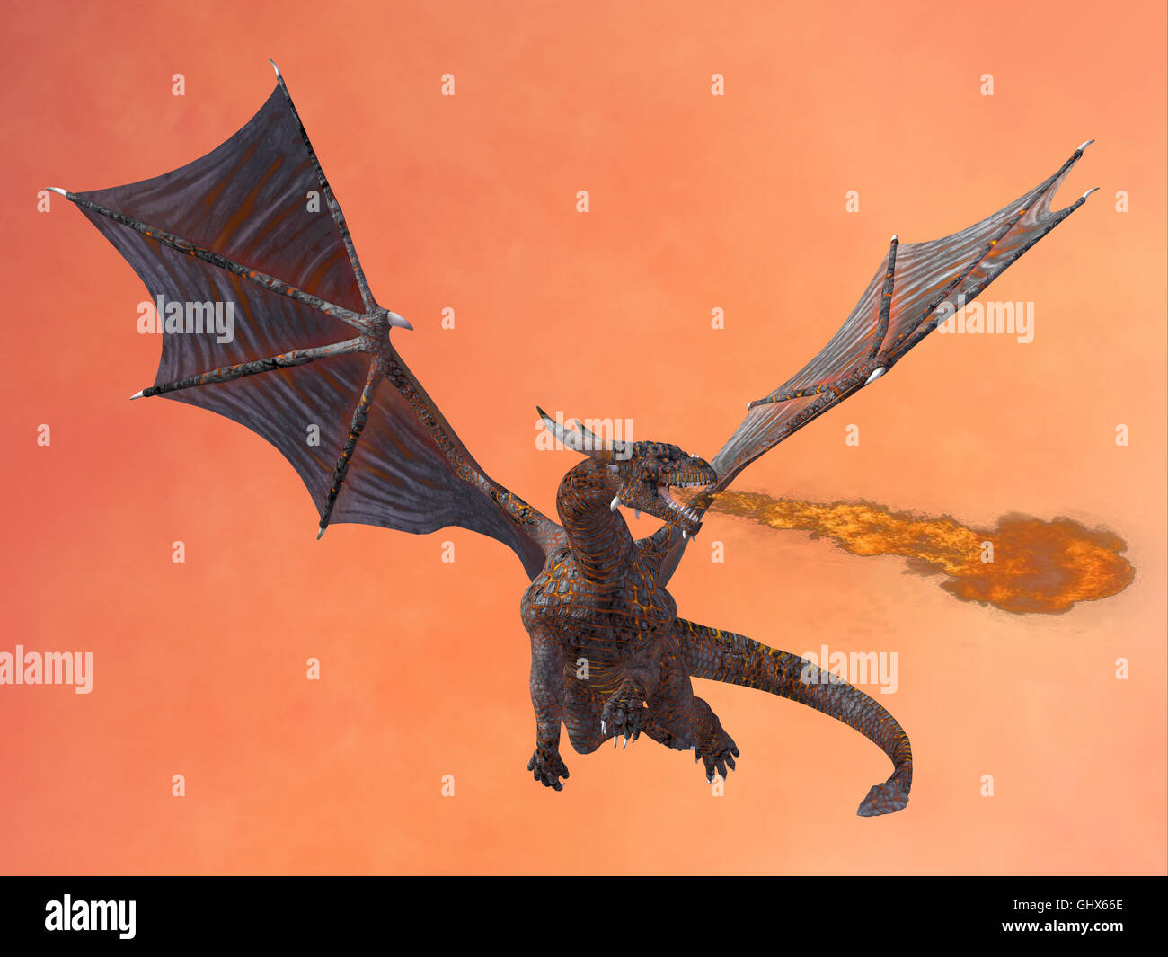 Die Feuer speienden Drachen ist ein Geschöpf von Mythen und Legenden und hat Hörner, Flügel und großen Gottlosen Zähne. Stockfoto