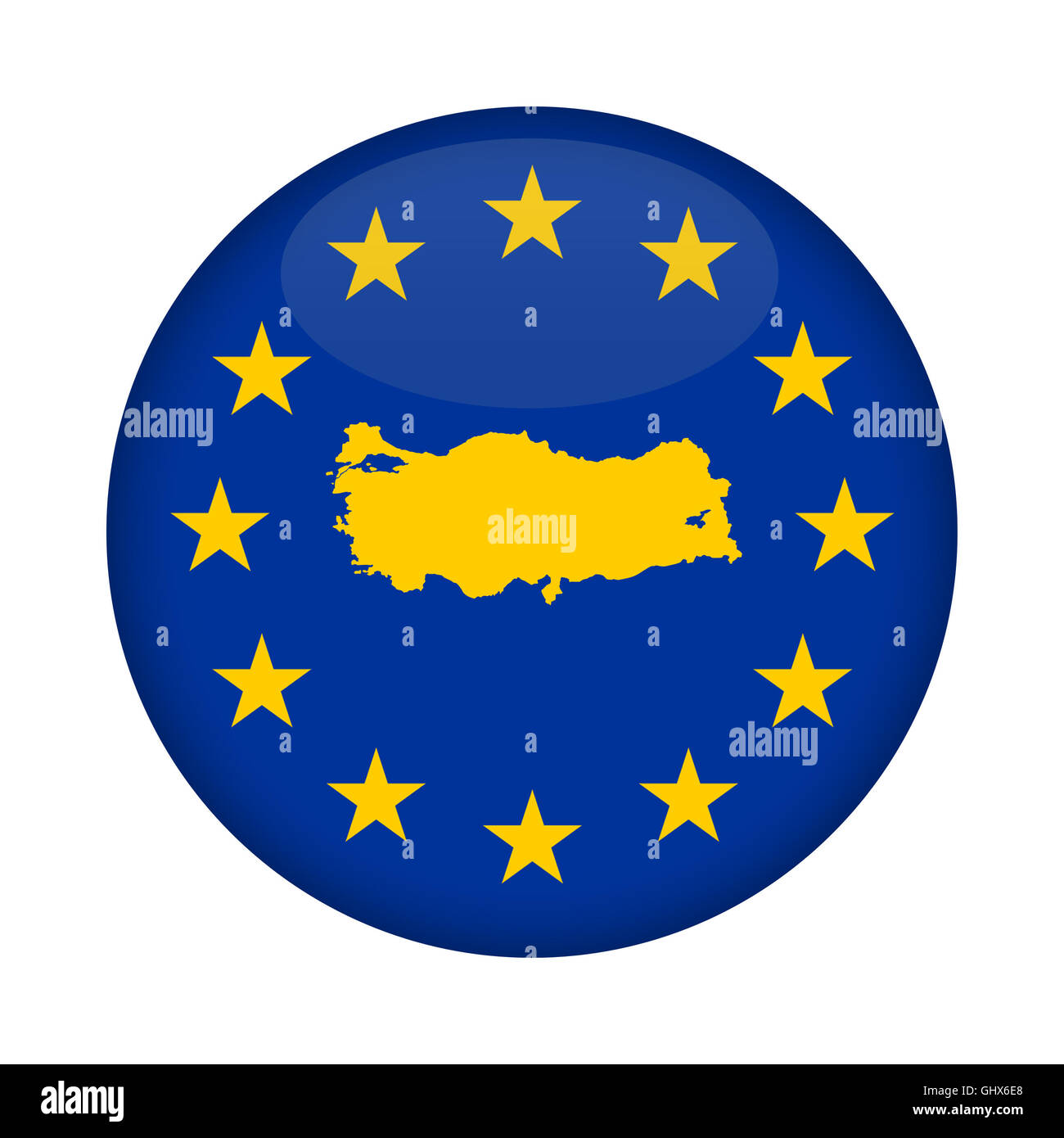 Türkei Karte auf Knopfdruck Europäische Union Flag isoliert auf einem weißen Hintergrund. Stockfoto