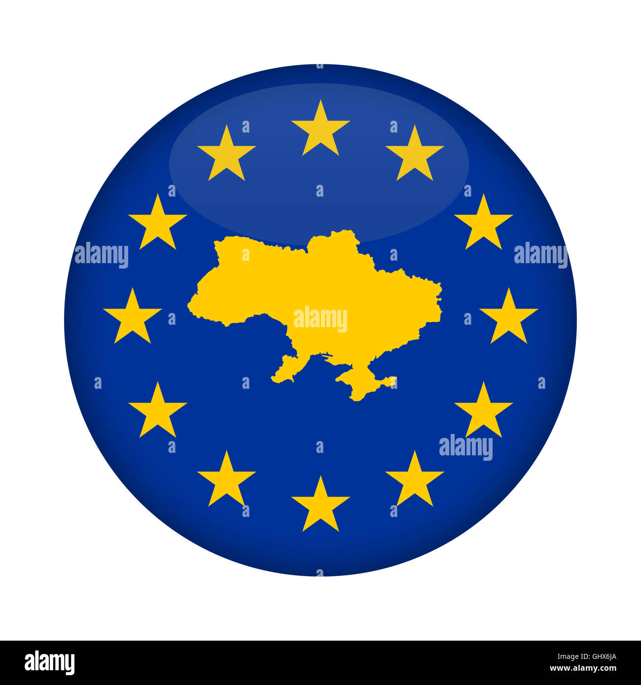Ukraine-Karte auf eine Europäische Union Flag Taste isoliert auf einem weißen Hintergrund. Stockfoto