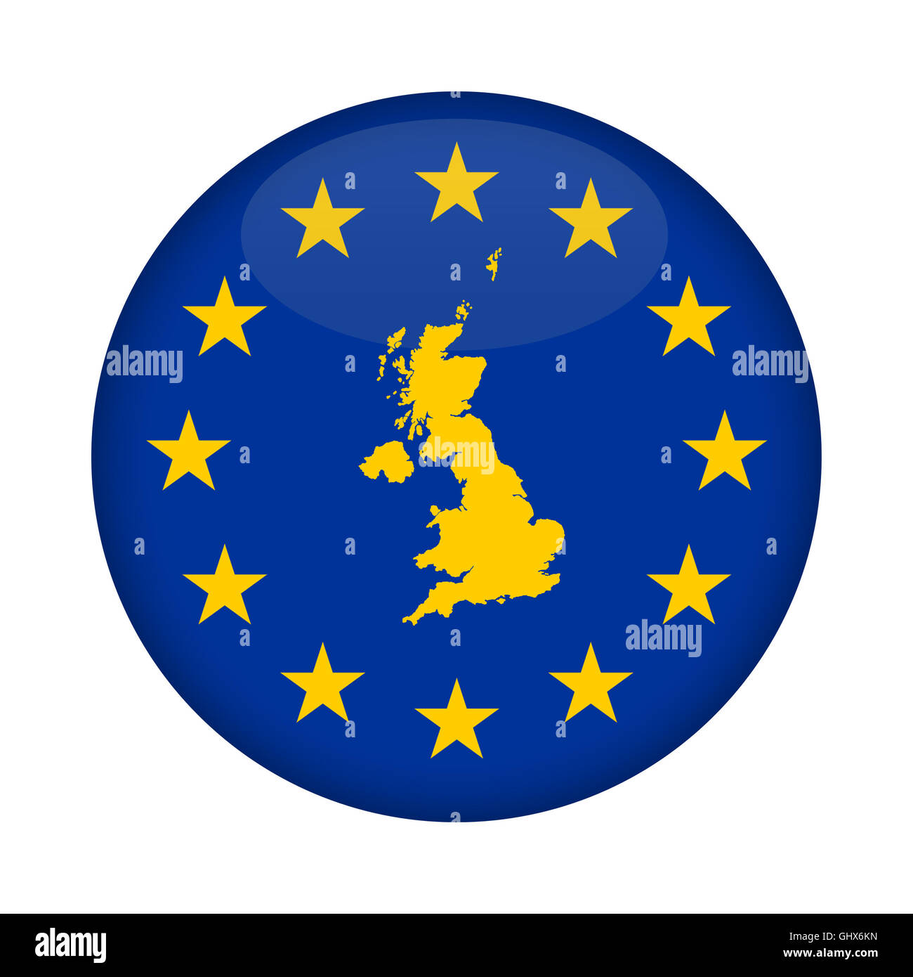 Vereinigtes Königreich-Karte auf Knopfdruck Europäische Union Flag isoliert auf einem weißen Hintergrund. Stockfoto