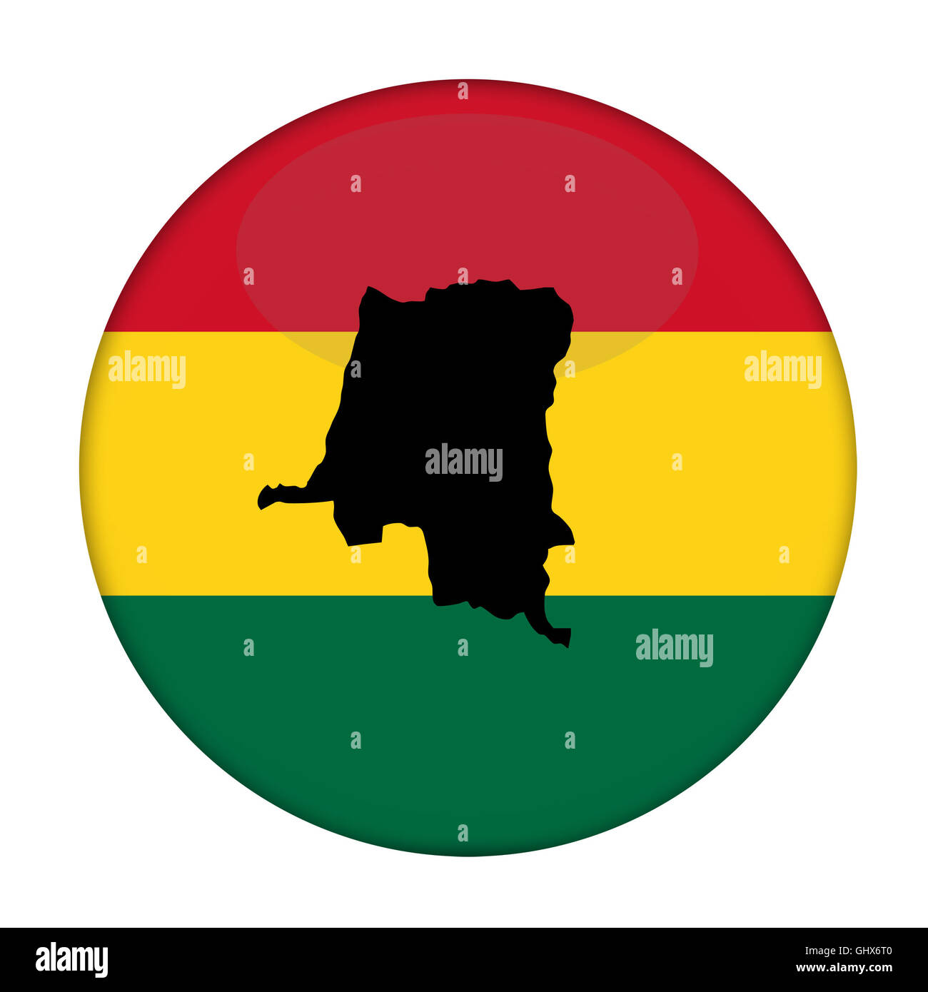 Zaire-Karte auf Knopfdruck Rastafari Flagge, weißen Hintergrund. Stockfoto