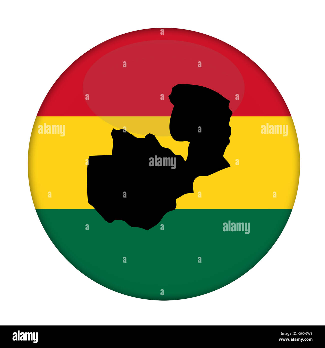 Sambia-Karte auf Knopfdruck Rastafari Flagge, weißen Hintergrund. Stockfoto