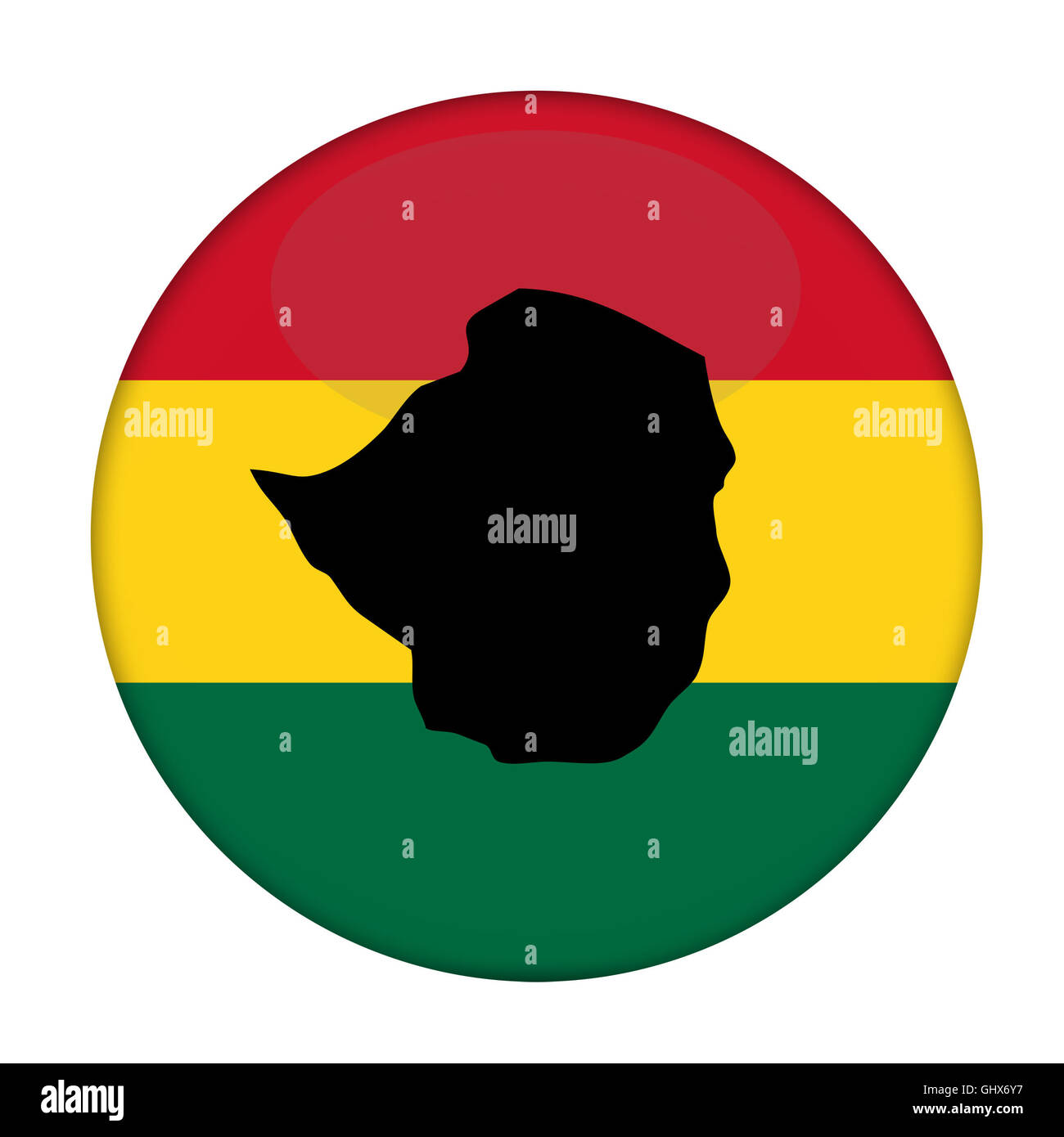 Simbabwe-Karte auf Knopfdruck Rastafari Flagge, weißen Hintergrund. Stockfoto