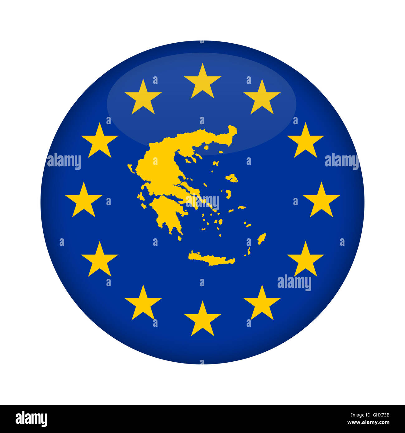 Griechenland Karte auf Knopfdruck Europäische Union Flag isoliert auf einem weißen Hintergrund. Stockfoto