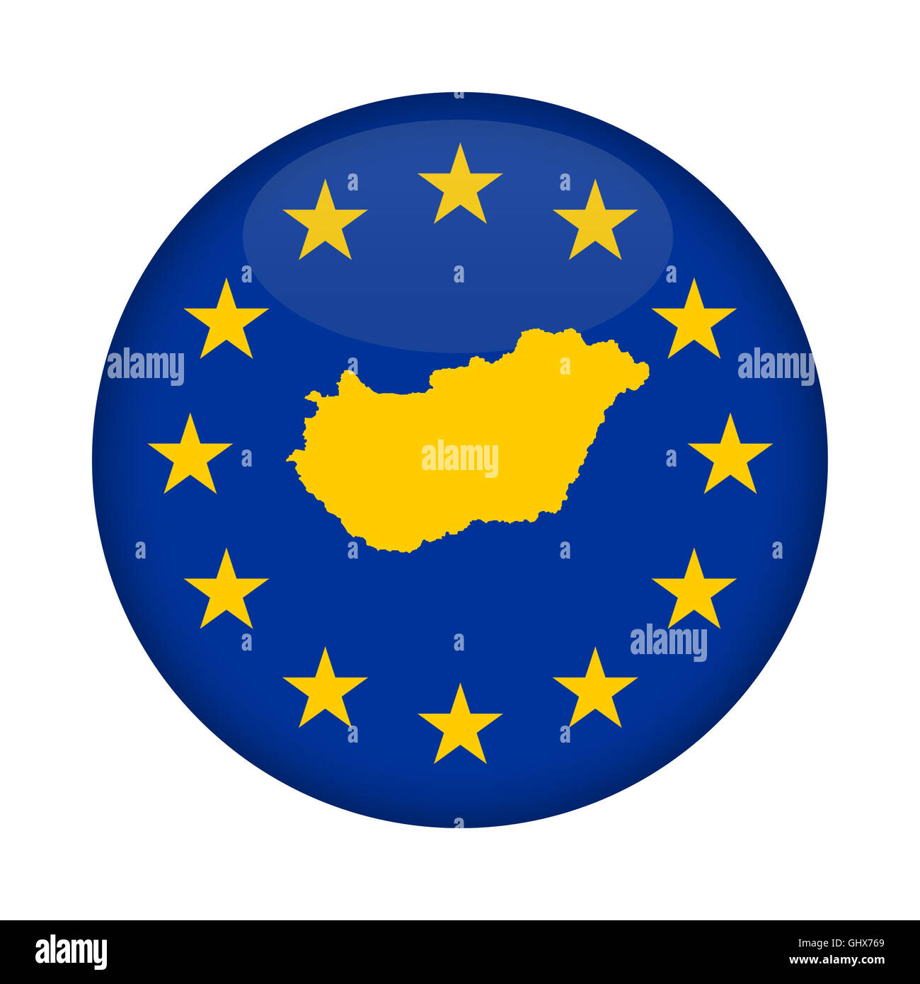 Ungarn Karte auf Knopfdruck Europäische Union Flag isoliert auf einem weißen Hintergrund. Stockfoto