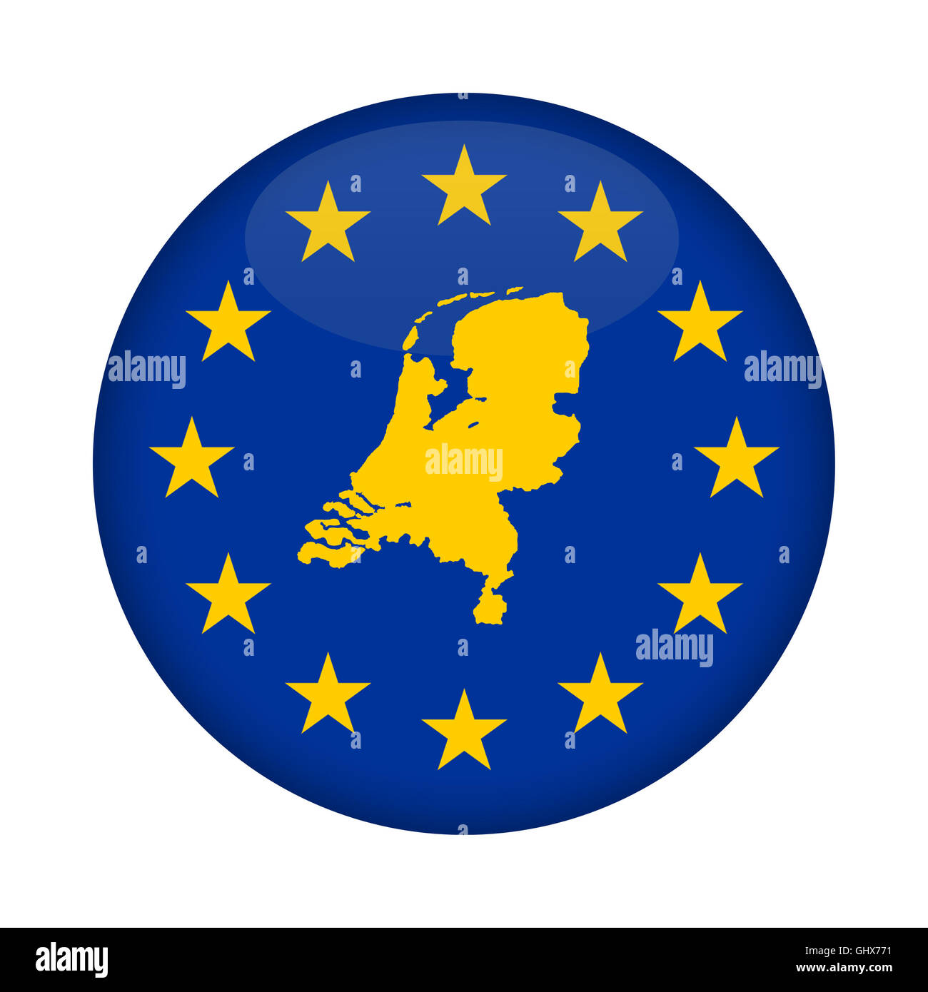 Niederlande-Karte auf eine Europäische Union Flag Taste isoliert auf einem weißen Hintergrund. Stockfoto