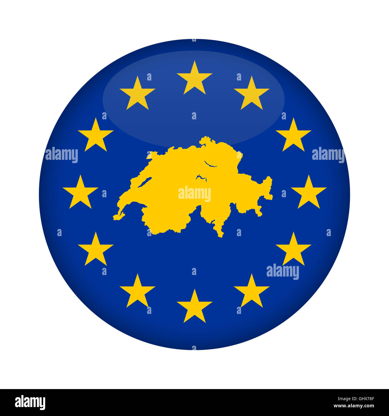 Schweiz-Karte auf eine Europäische Union Flag Taste isoliert auf einem weißen Hintergrund. Stockfoto