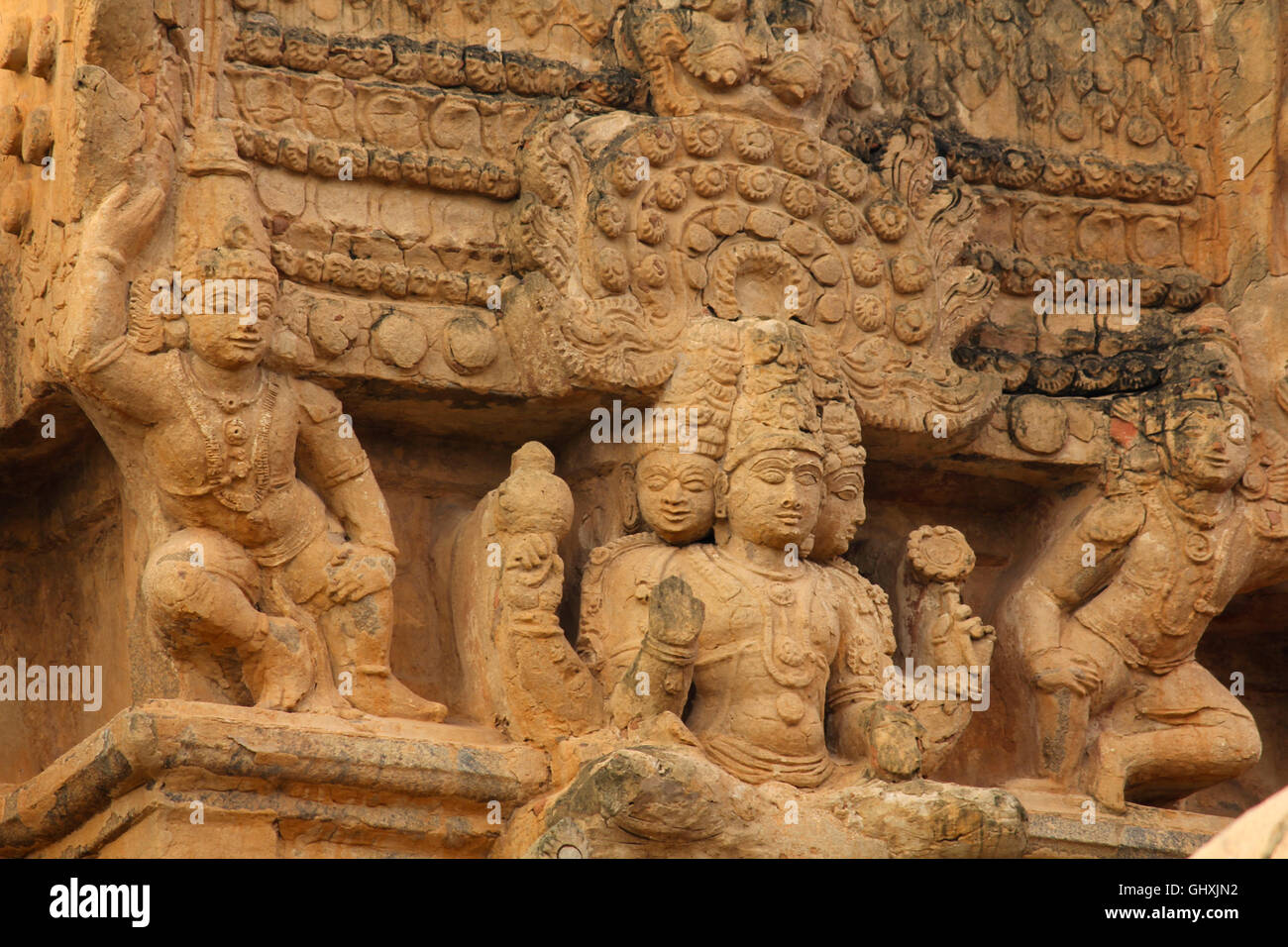 Geschnitzte Figuren in Brihadeshwara Tempel, Tanjavur, Tamil Nadu, Indien Stockfoto