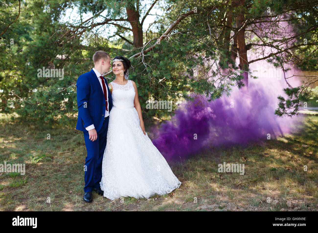 Junge Hochzeitspaar umarmt gegen die lila Rauch im Pinienwald Stockfoto