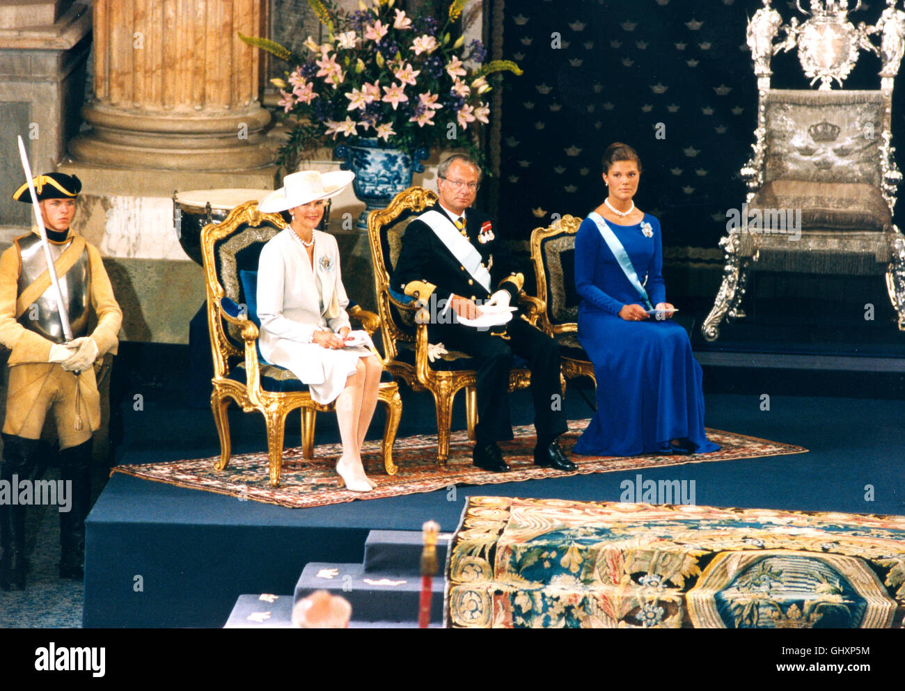 Kronprinzessin Victoria mit Eltern schwedische Königspaar im Rahmen eines Festaktes der Behörde auf der Burg am Jubiläum 18 th Stockfoto