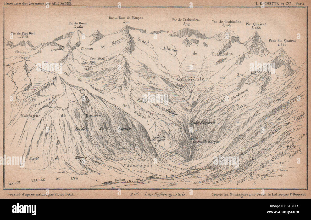 CIRQUE DES CRABIOULES. Vallée du Lis. Pyrénées. Haute-Garonne. Panoramakarte 1907 Stockfoto