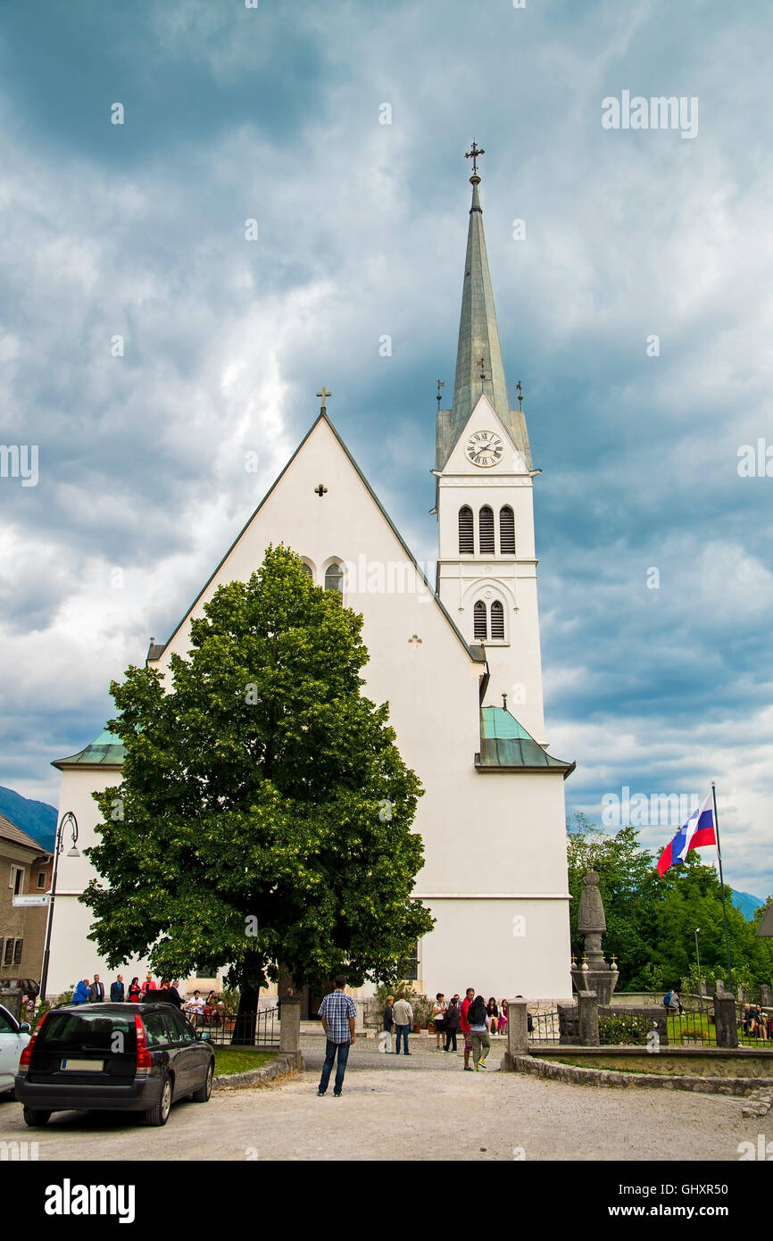 Bled Kirche auf Hügel in Slowenien Stockfoto