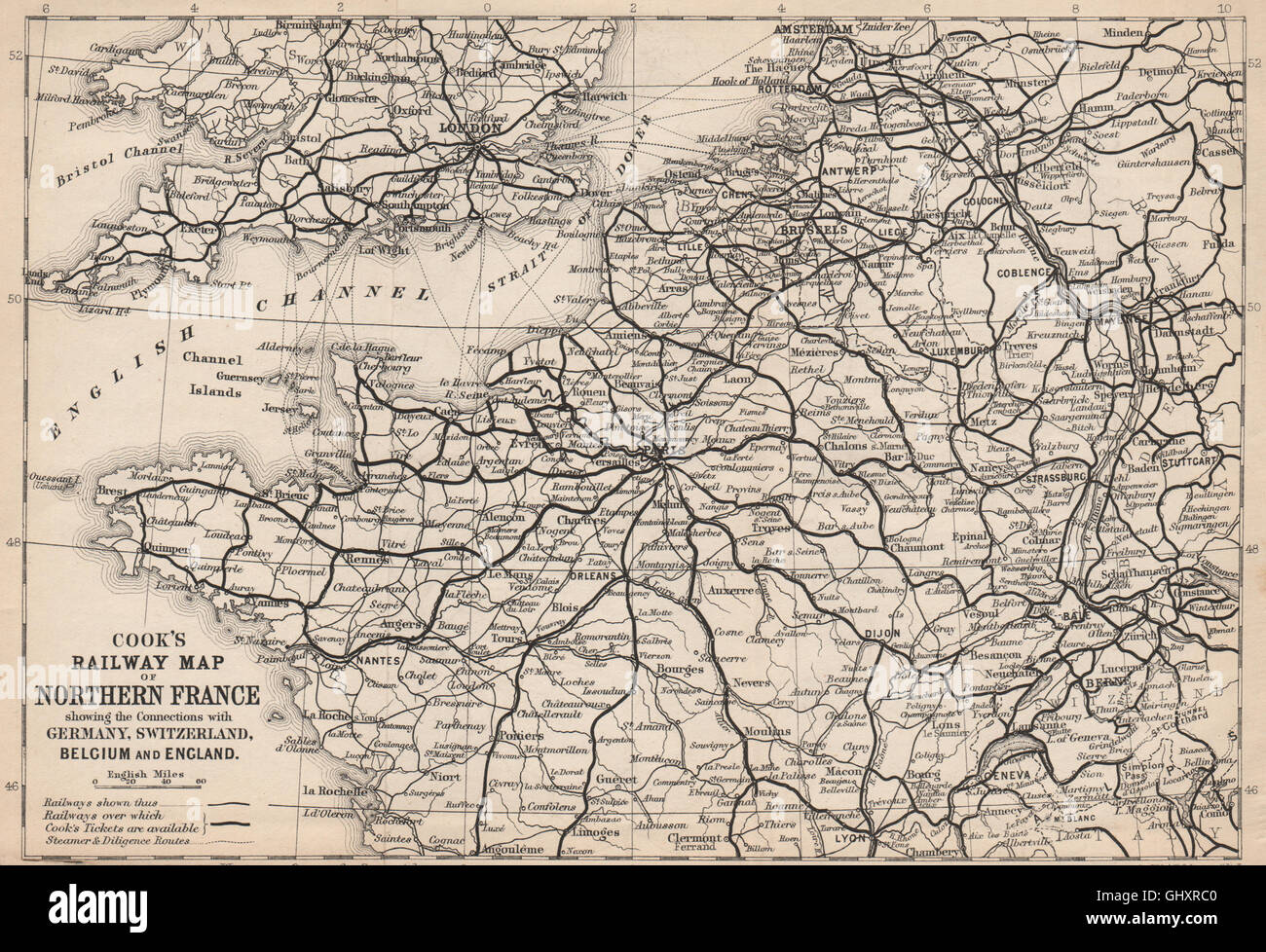 NW Europas Eisenbahnen: Frankreich Deutschland Schweiz Belgien England.THOS.COOK 1900 Karte Stockfoto