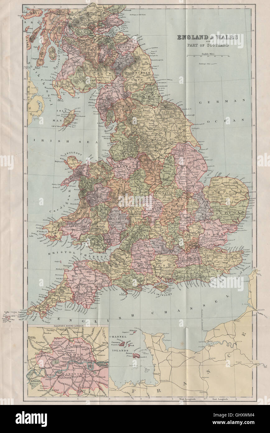 ENGLAND & WALES MIT TEIL VON SCHOTTLAND. Großbritannien, 1893 Antike Landkarte Stockfoto