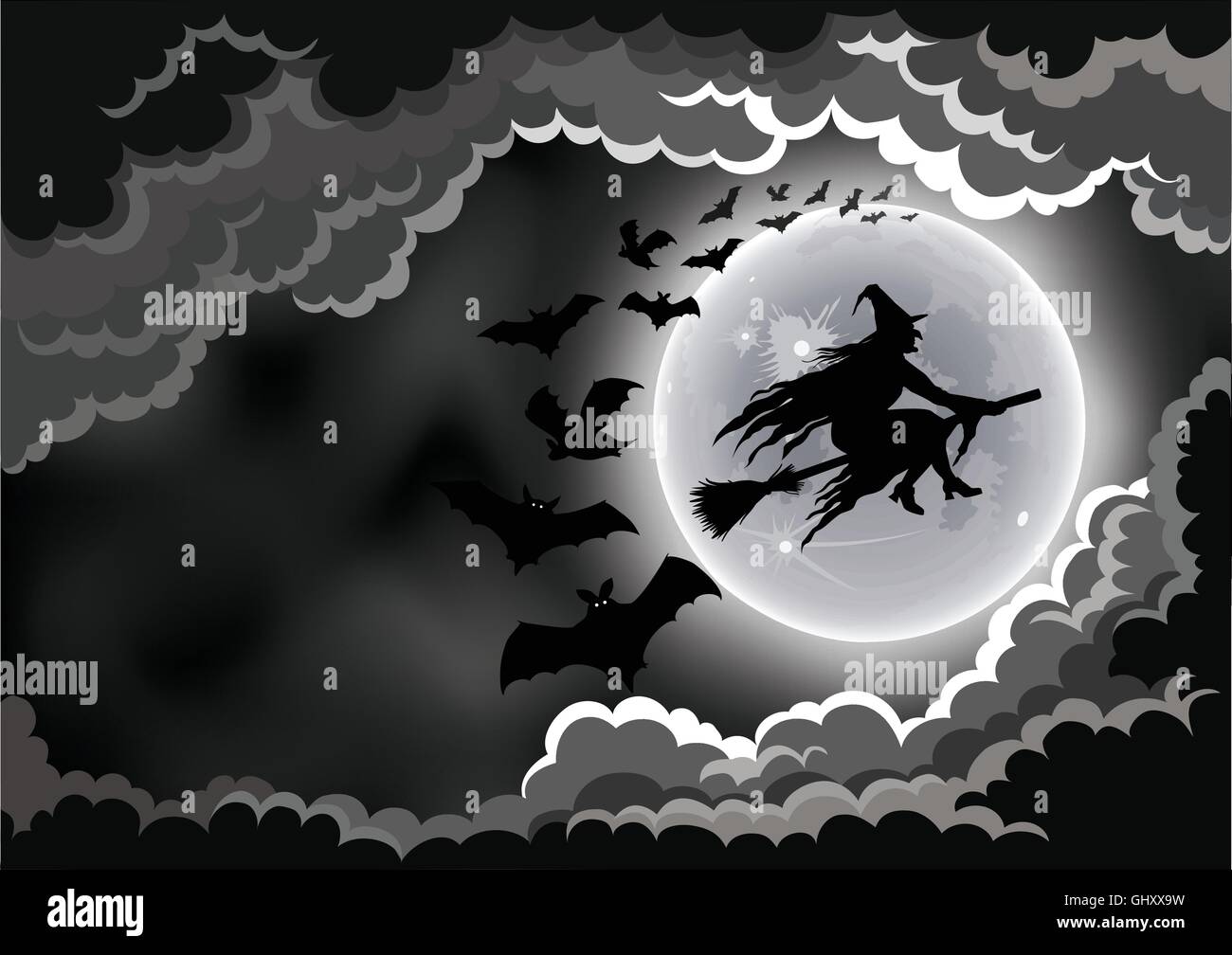 Böse Hexe durch den Mond mit Fledermäusen Hintergrund fliegen. Stock Vektor