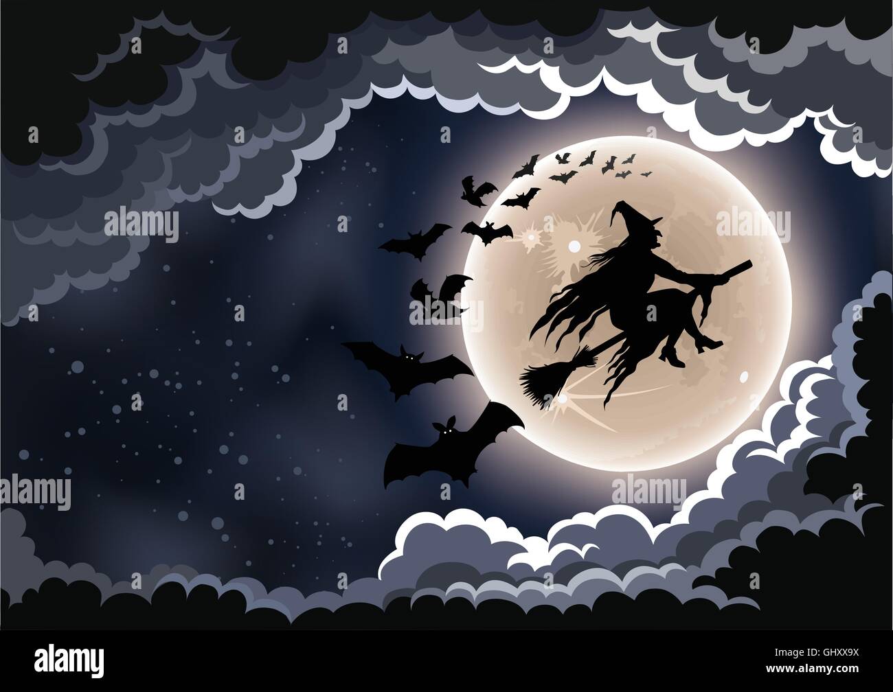 Böse Hexe durch den Mond mit Fledermäusen Hintergrund fliegen. Stock Vektor