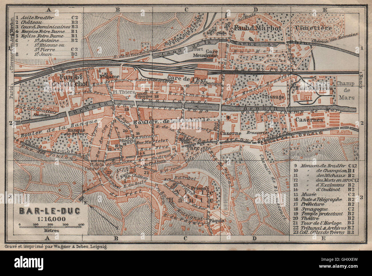 Duc antiken Stadt Stadt Plan De La Ville. Meuse Carte. BAEDEKER, 1909-Karte Stockfoto