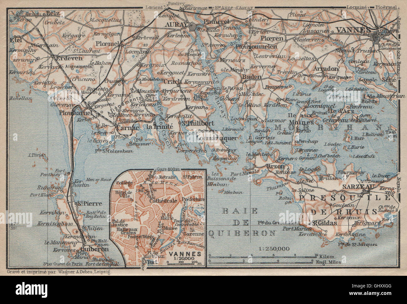 CÔTE DES MEGALITHES. Vannes Baie de Quiberon Morbihan Auray Sarzeau, 1909-Karte Stockfoto