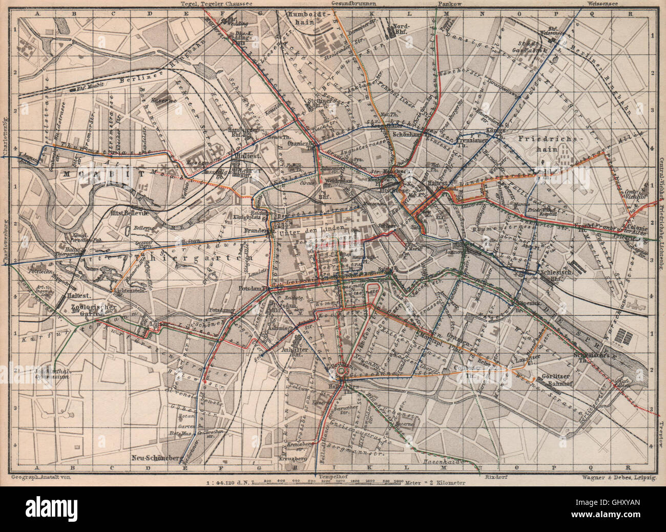 Berliner STRAßENBAHNNETZ. Straßenbahn-Netzwerk Stadtzentrum/Innere Stadt planen, 1886-Karte Stockfoto