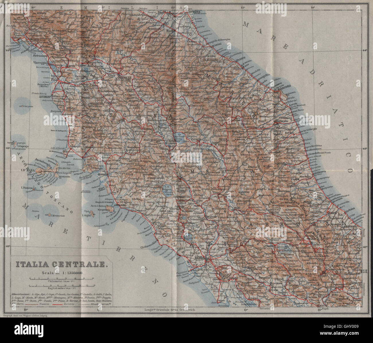 MITTELITALIEN. Mappa ITALIA CENTRALE. BAEDEKER, 1909 Stockfoto