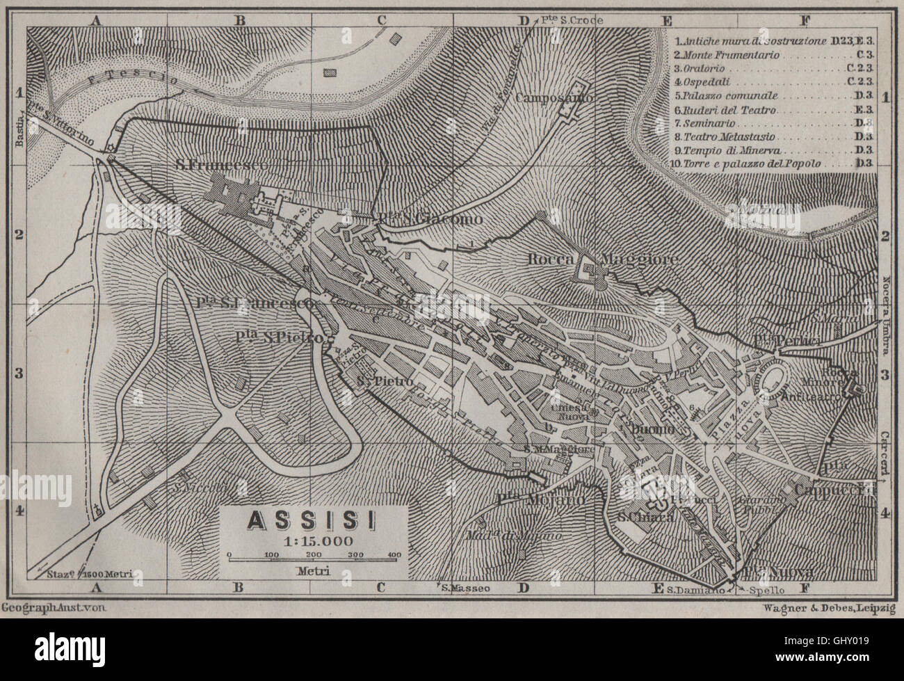 ASSISI antiken Stadt Stadt Plan Klavier interne. Italien-Mappa. BAEDEKER, 1909 Stockfoto