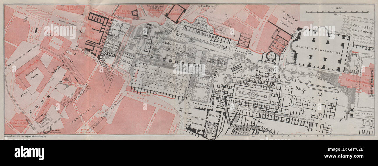 FORUM ROMANUM Grundriss. Rom. Roman Forum Mappa. BAEDEKER, 1909 Stockfoto