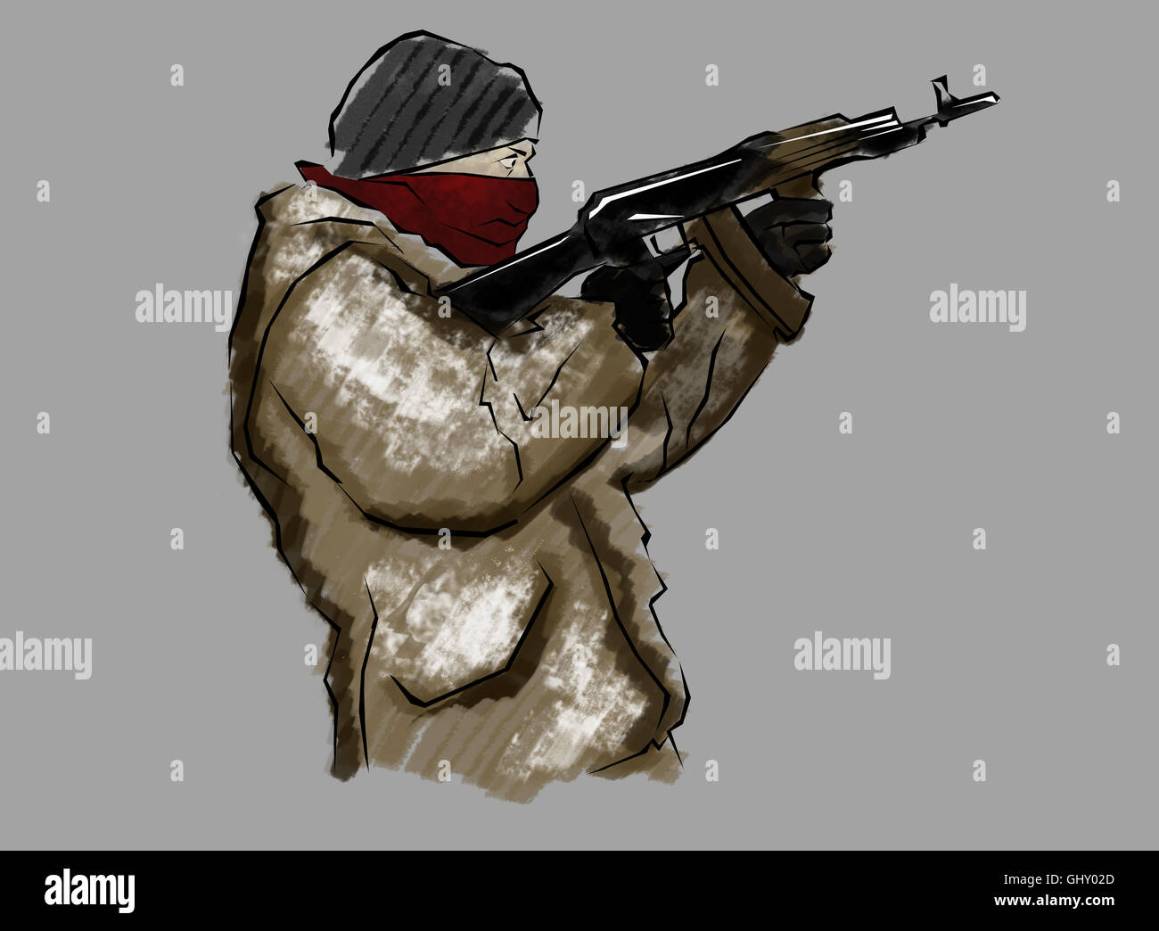 Kämpfer mit Gewehr, im Akt der Schießhand gezeichnet Stockfoto