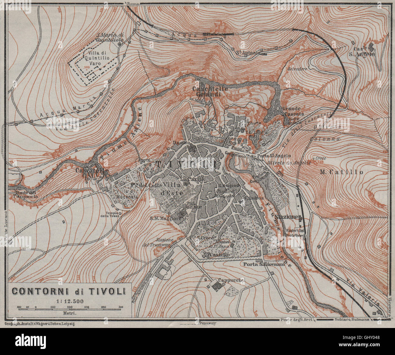 TIVOLI & Umgebung. CONTORNI di Tivoli. Italien-Mappa. BAEDEKER, 1909 Stockfoto
