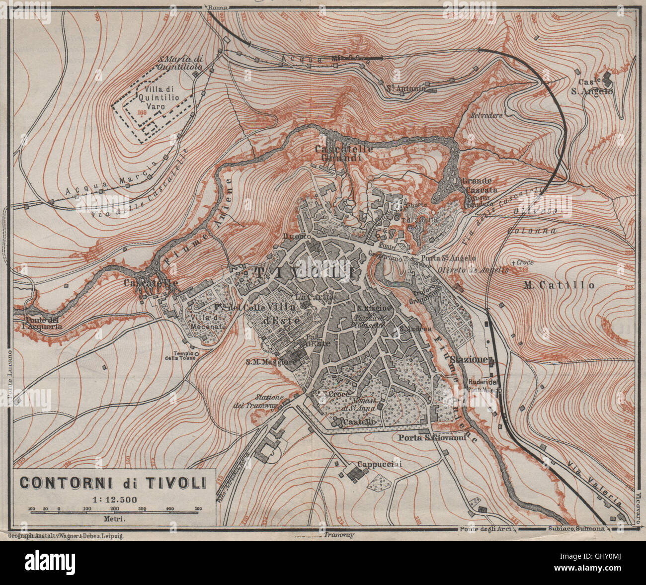 TIVOLI & Umgebung. CONTORNI di Tivoli. Italien Italia Mappa. BAEDEKER, 1909 Stockfoto