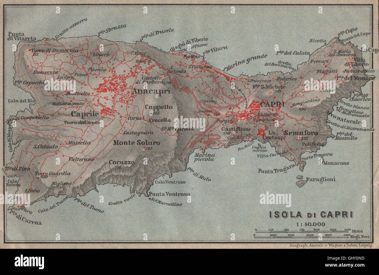 ISOLA DI CAPRI Topo-Karte. Anacapri. Italien-Mappa. BAEDEKER, 1909 Stockfoto
