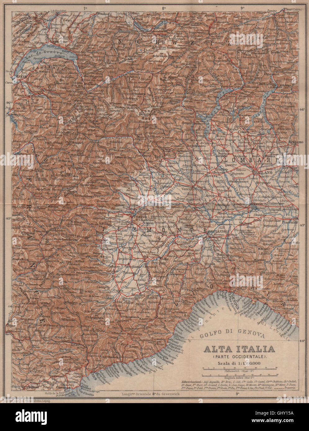 ALTA ITALIA (PARTE OCCIDENTALE). Nordwest-Italien Mappa. BAEDEKER, 1899 Stockfoto