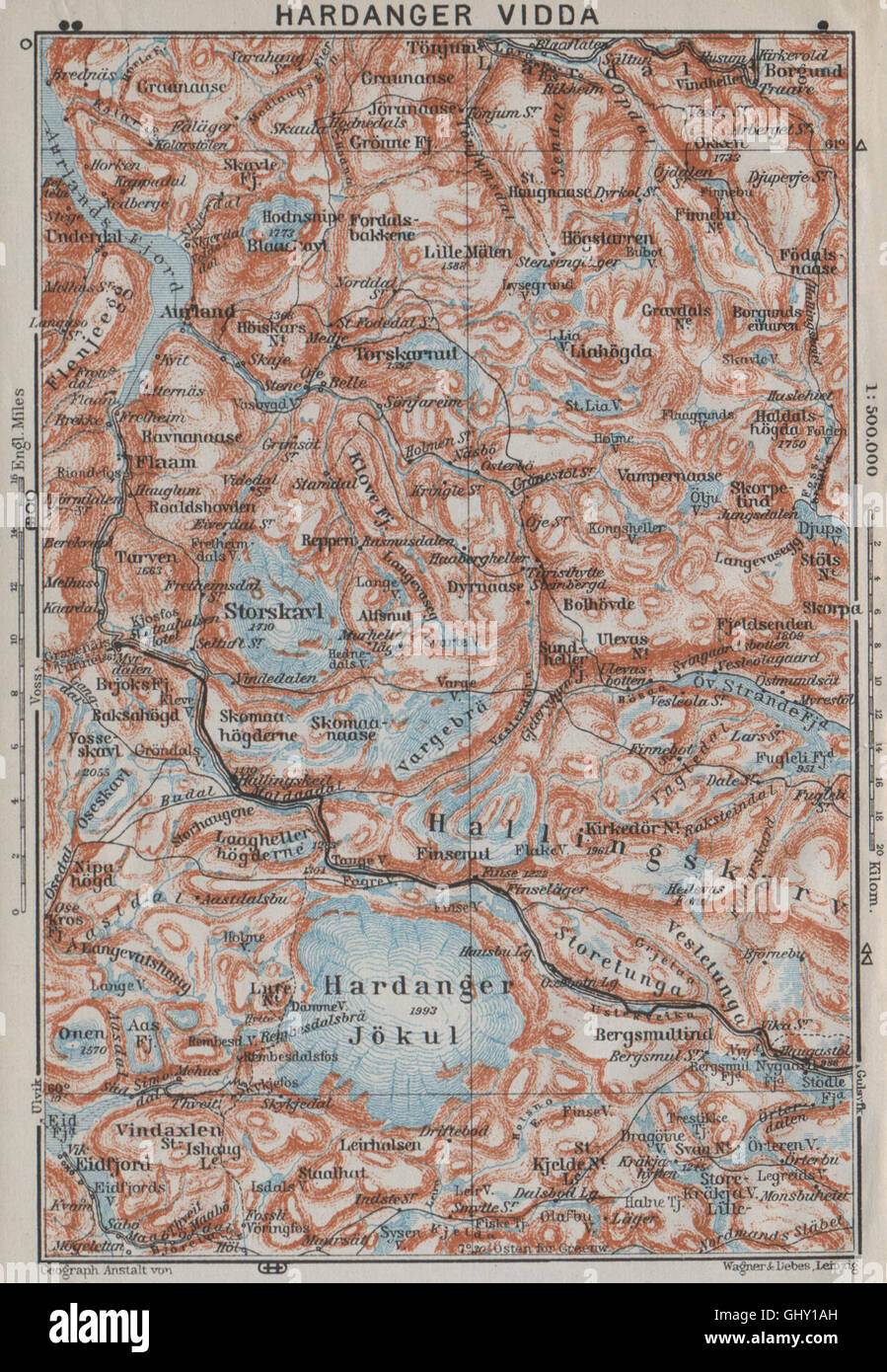HARDANGERVIDDA. Hardangerjokulen. Topo-Karte. Norwegen-Kart. BAEDEKER, 1909 Stockfoto