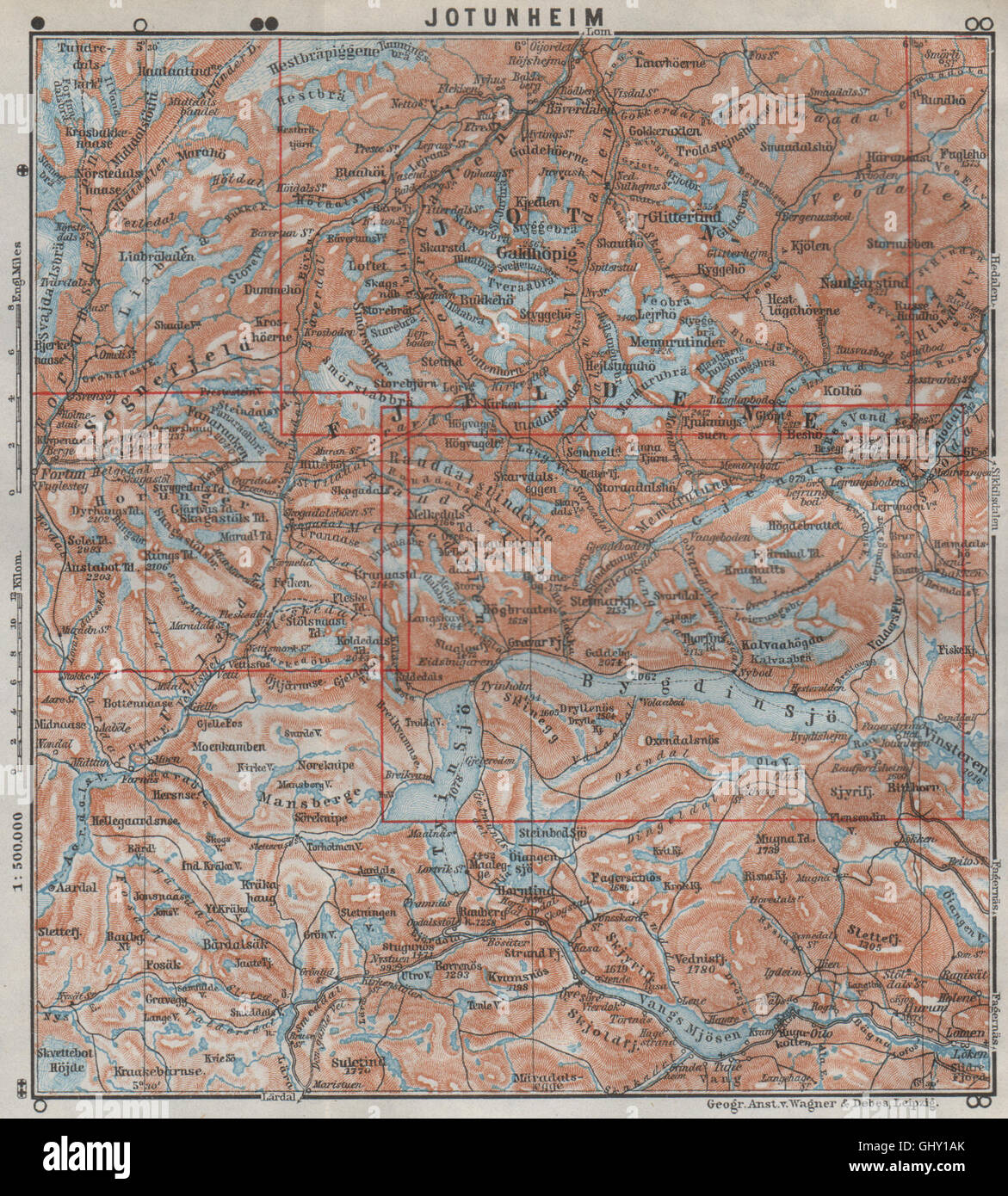 JOTUNHEIMEN Nasjonalpark Topo-Karte. Norwegen-Kart. BAEDEKER, 1909 Stockfoto