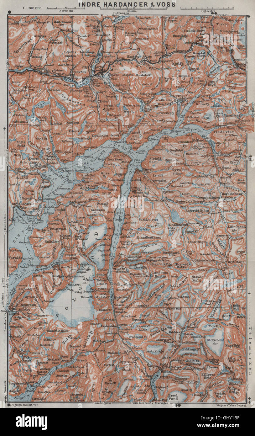 INNEREN HARDANGERFJORD Topo-Karte. Folgefonna. Norwegen-Kart. BAEDEKER, 1909 Stockfoto