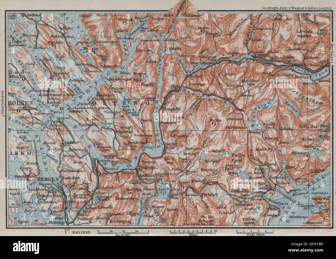 BERGEN-VOSSVANGEN. Sorfjord. Topo-Karte. Norwegen-Kart. BAEDEKER, 1909 Stockfoto