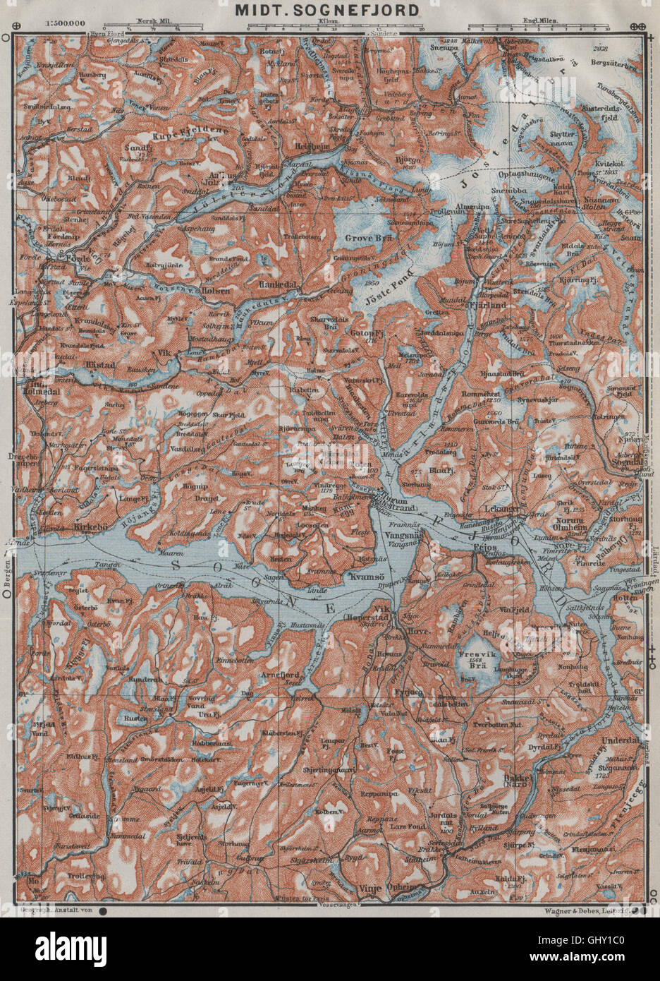 ZENTRALEN SOGNEFJORD Topo-Karte. Leikanger Sogndal. Norwegen-Kart. BAEDEKER, 1909 Stockfoto