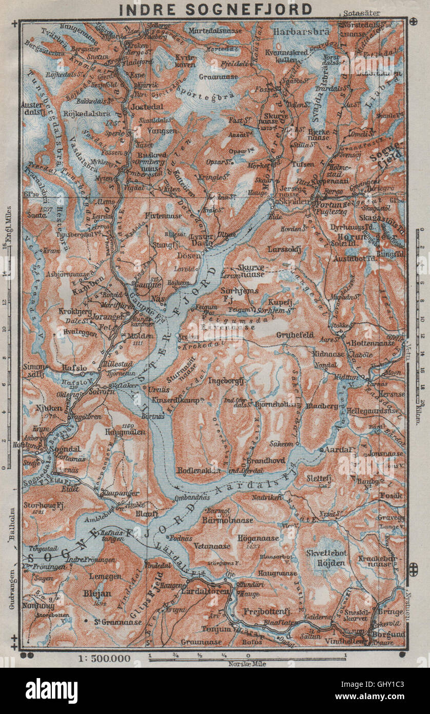 INNEREN SOGNEFJORD Topo-Karte. Gaupne Glanz Ardalstangen. Norwegen-Kart, 1909 Stockfoto